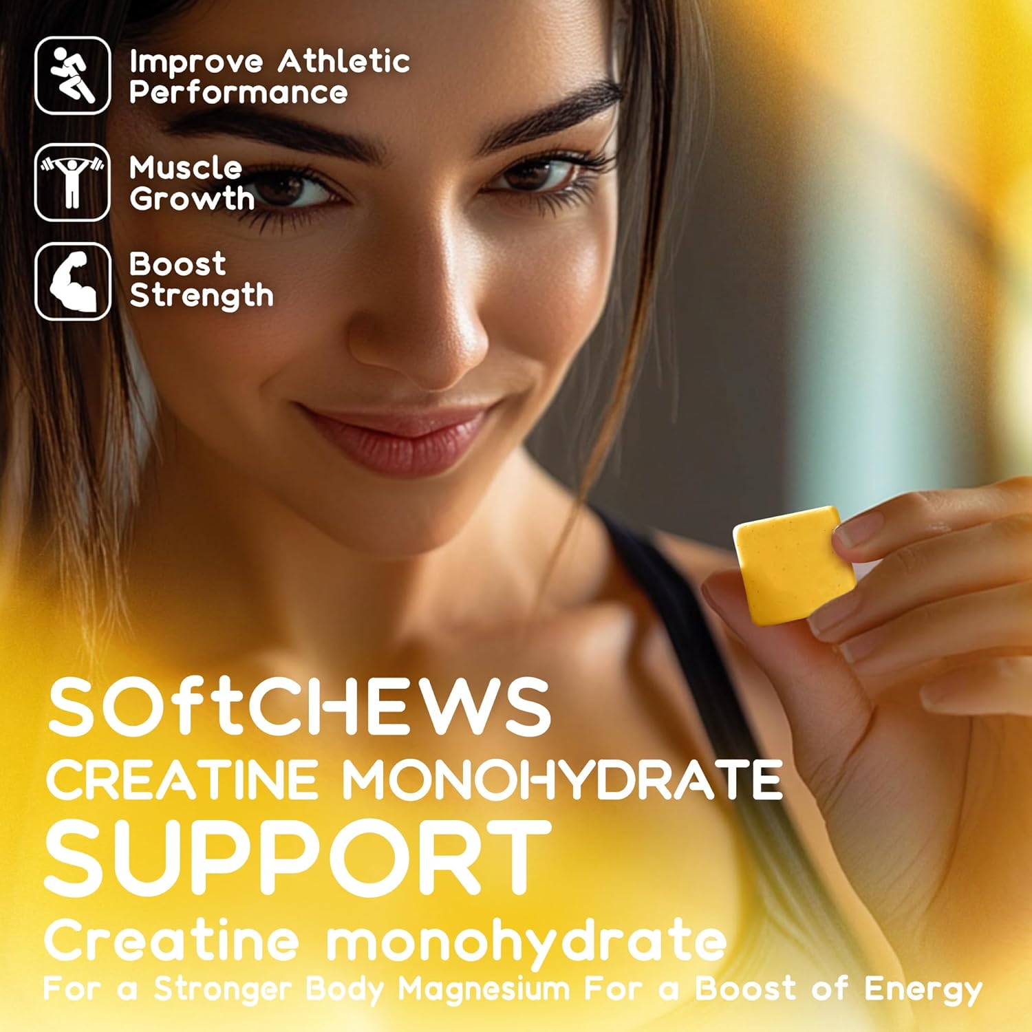 Creatine Monohydrate Chews Complex 6400mg for Men & Women -Advanced Formula W/L-Taurine + Vitamin B12, Sugar Free Chewable Supplement,60 Pineapple Softchews