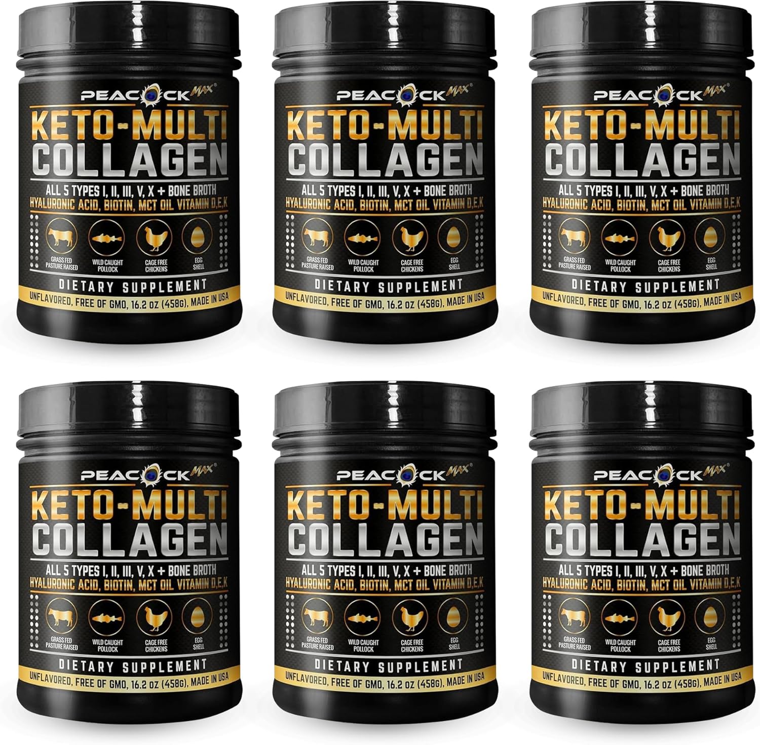 Multi Collagen Protein Powder 16.2 oz (Pack of 6) | 5 Types with Bone Broth, Hydrolyzed Peptides, Biotin & MCT Oil, Unflavored, Supports Skin, Hair, Nails, Joints & Gut Health