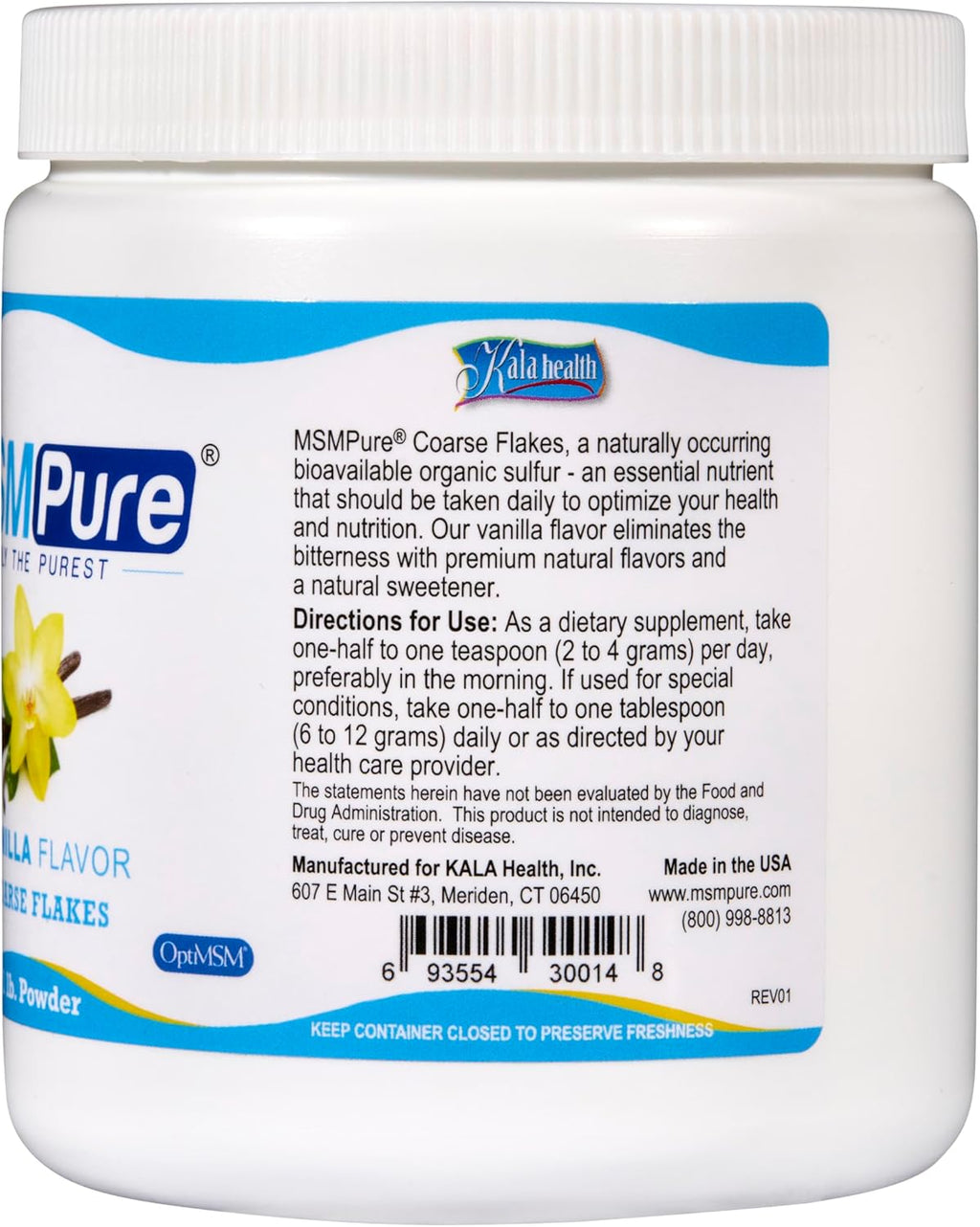 KALA HEALTH MSMPure Vanilla Flavored Coarse MSM Powder Flakes – US-Made MSM for Joint Health, Skin Appearance, and Hair & Nail Support – 1 lb, Organic Sulfur