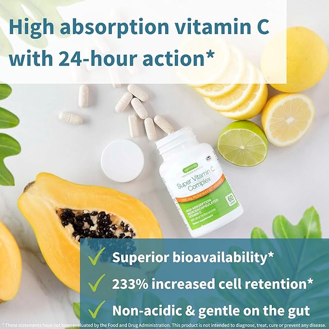 Igennus High Absorption Super Vitamin C, Clean Label Pureway-C 1000mg, Vegan Vitamin C with Bioflavonoids, 60 Servings, 24-Hour Action, Immune Health, Energy, Heart & Brain
