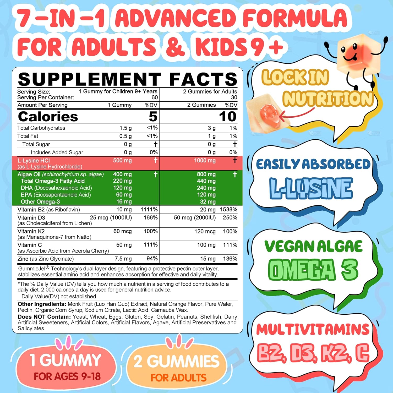 L-Lysine Gummies 500/1000mg with Algae Omega 3, Vitamin B2, D3, K2, C for Adults & Kids 9+, Lysine Supplement Support Immune, Lip & Oral, Collagen Production, Brain, Bone Health, Sugar Free 1Pack