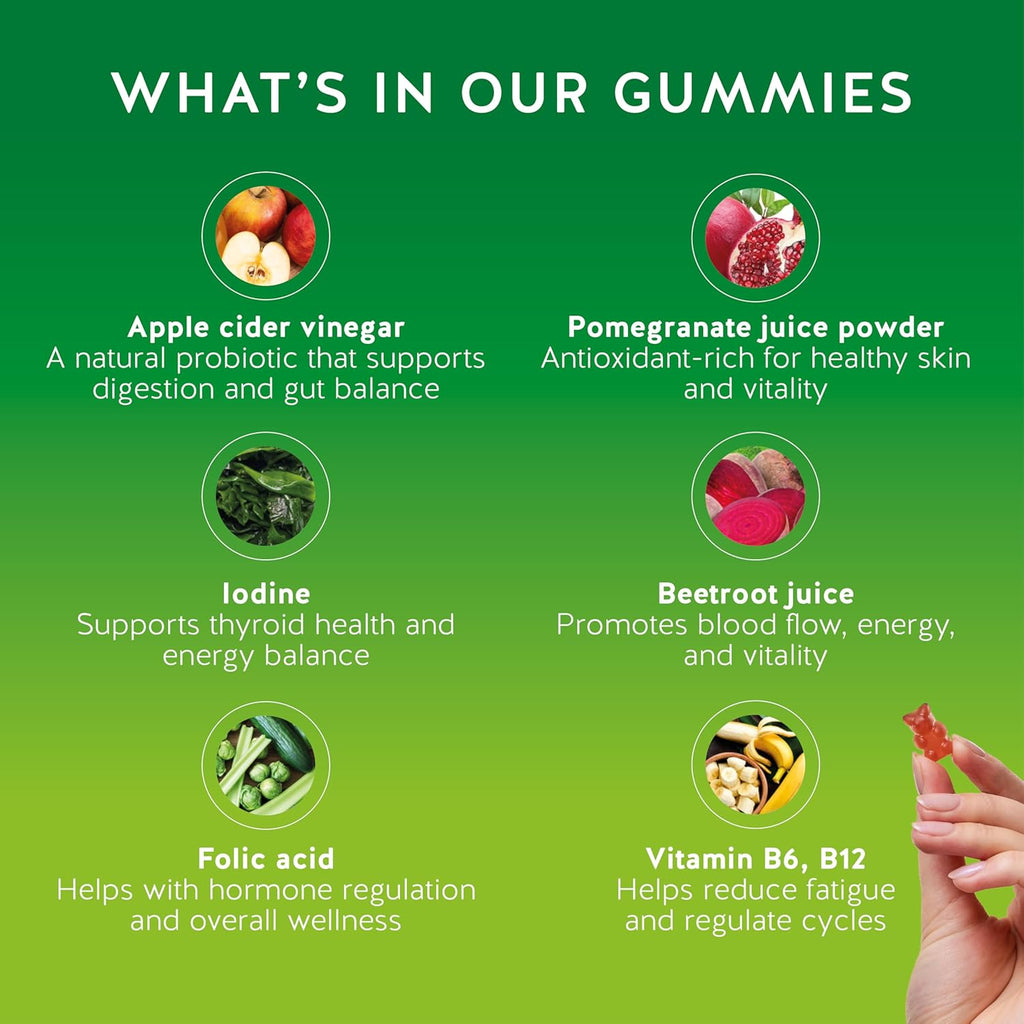 Apple Cider Vinegar Gummies – Metabolism & Detox Support with Vitamins B6, B12, Iodine & Folic Acid – Vegan. Balanced Gut (60 Gummies)