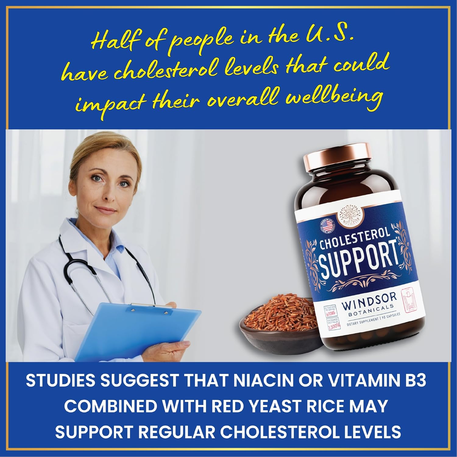 WINDSOR BOTANICALS Cholesterol Supplements - Citrus Bergamot, Niacin, Red Yeast Rice, Berberine, Aronia Berry Extract to Support Normal HDL and LDL Cholesterol Levels - 90 Vegan, Non-GMO Capsules