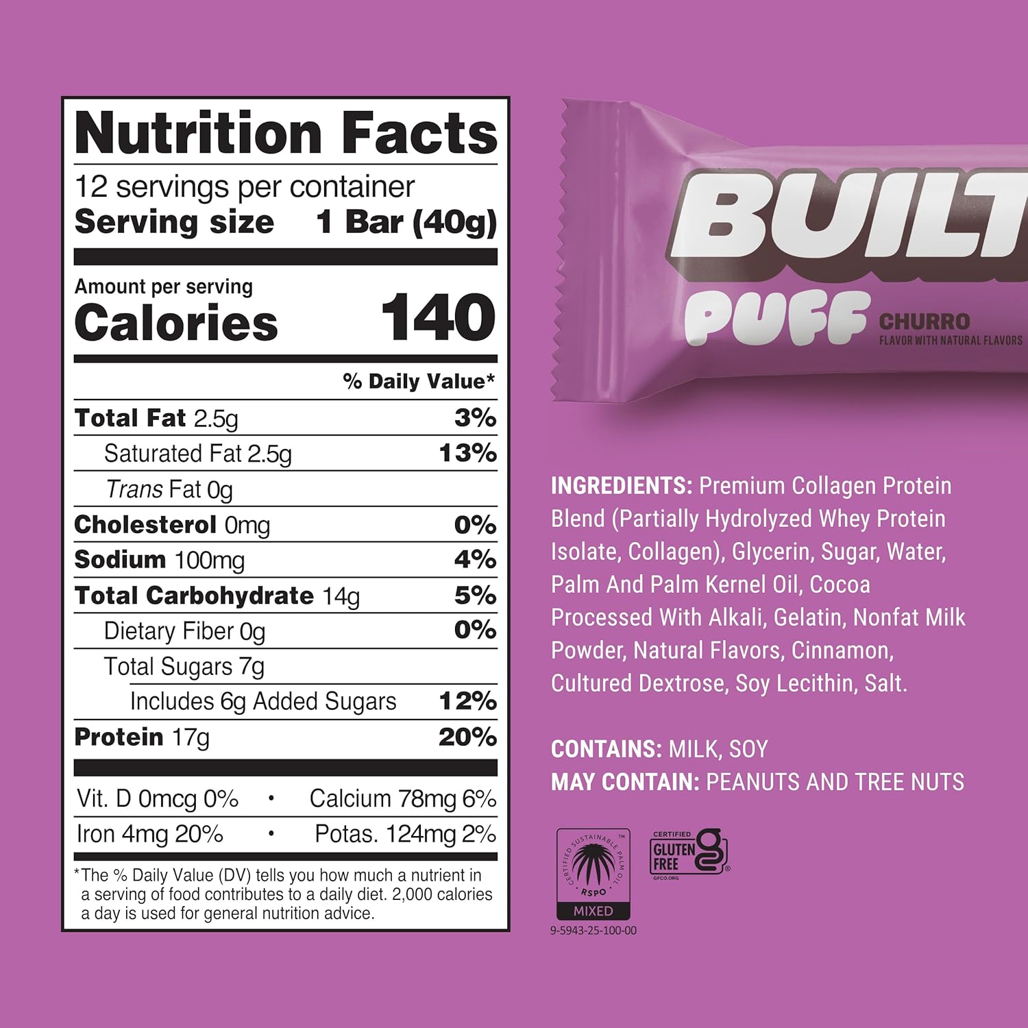 Built Bar, Puff Protein Bars, Churro Puff, 17g Protein Snacks, On-The-Go Bars, Only 140 Calories & 6g Sugar, Collagen, Gluten Free, 12 Count