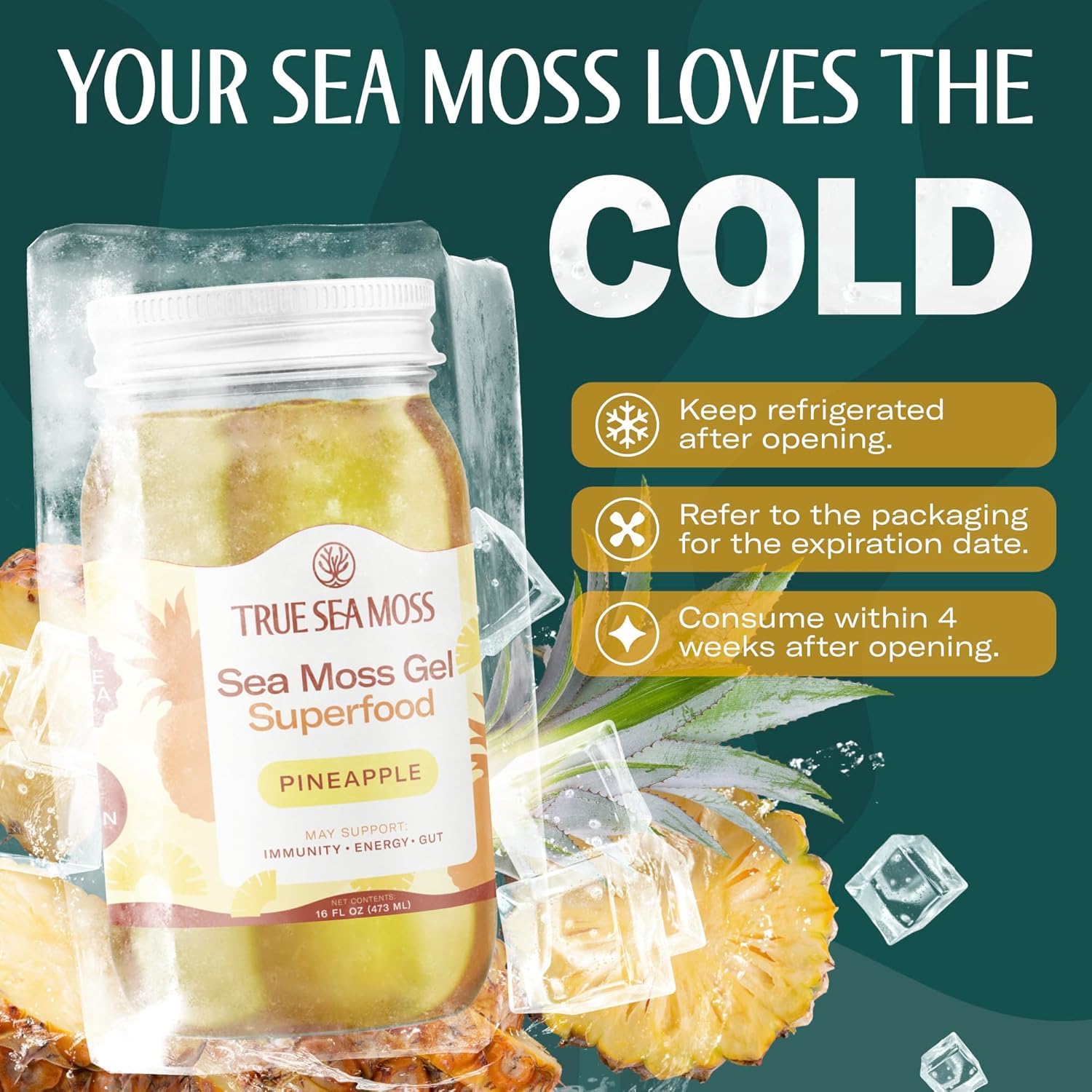 TrueSeaMoss Sea Moss Gel – Made in USA – Wildcrafted Seamoss, Fresh Fruits & Sea Vegetables – Pineapple, Pack of 1 (Labels may Vary)