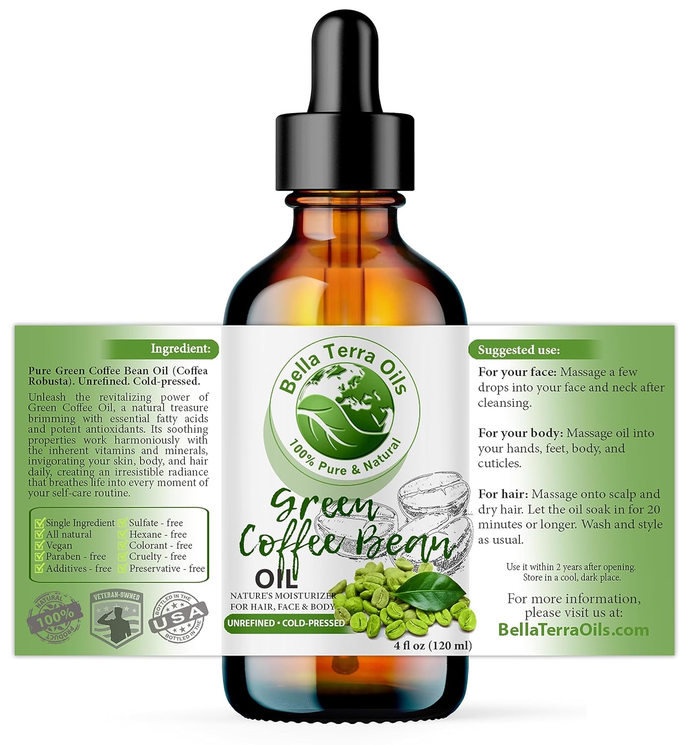 Bella Terra Oils - Green Coffee Bean Oil 4oz - Unveiling the Nutritional Treasure of Coffee Seed Oil, Ideal for Skin Hydration and Vitality