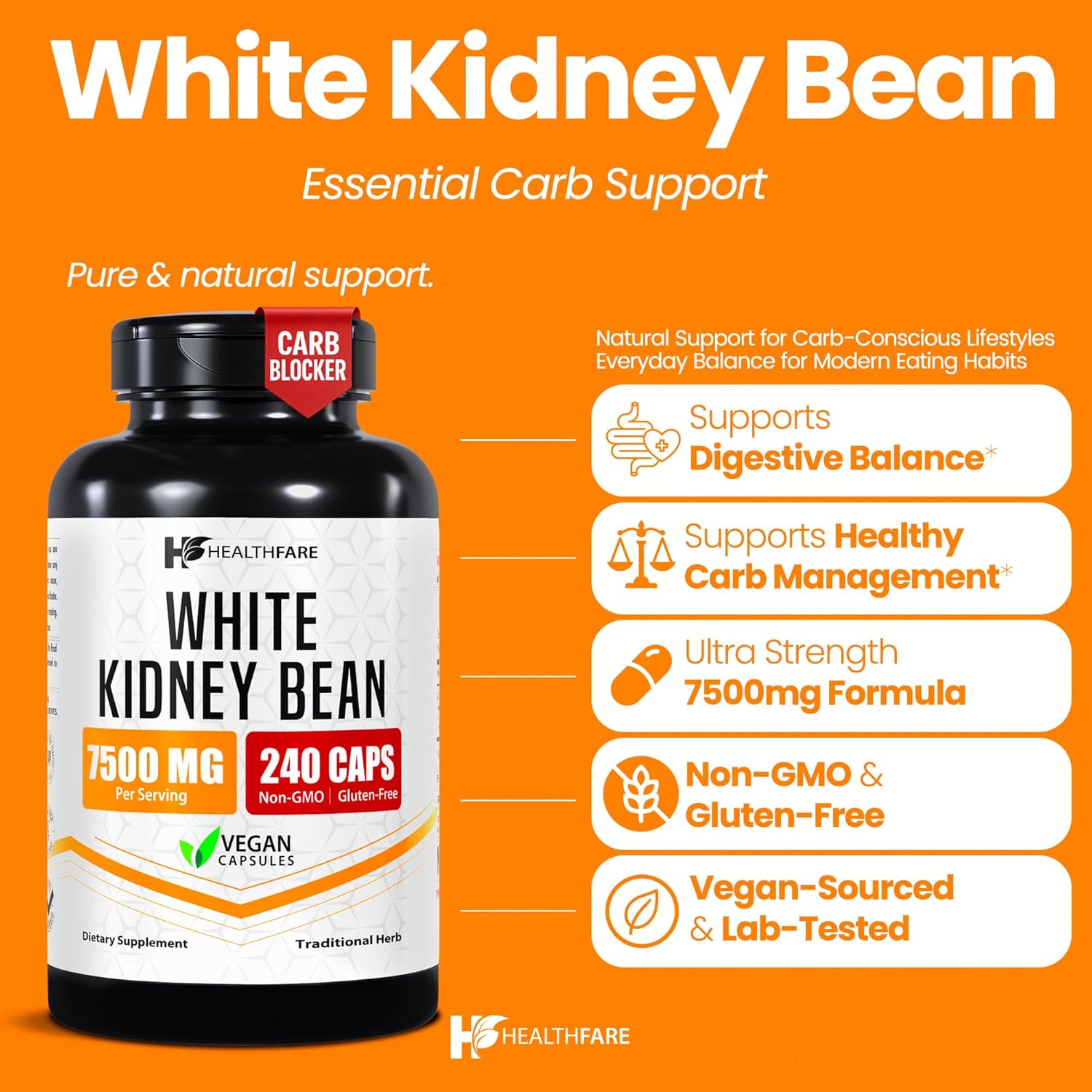 Healthfare White Kidney Bean Extract 7500mg | 240 Vegan Capsules | Extra Strength Concentrated Formula | Herbal Supplement for Carb & Digestion Support | Non-GMO, Gluten-Free | Made in USA