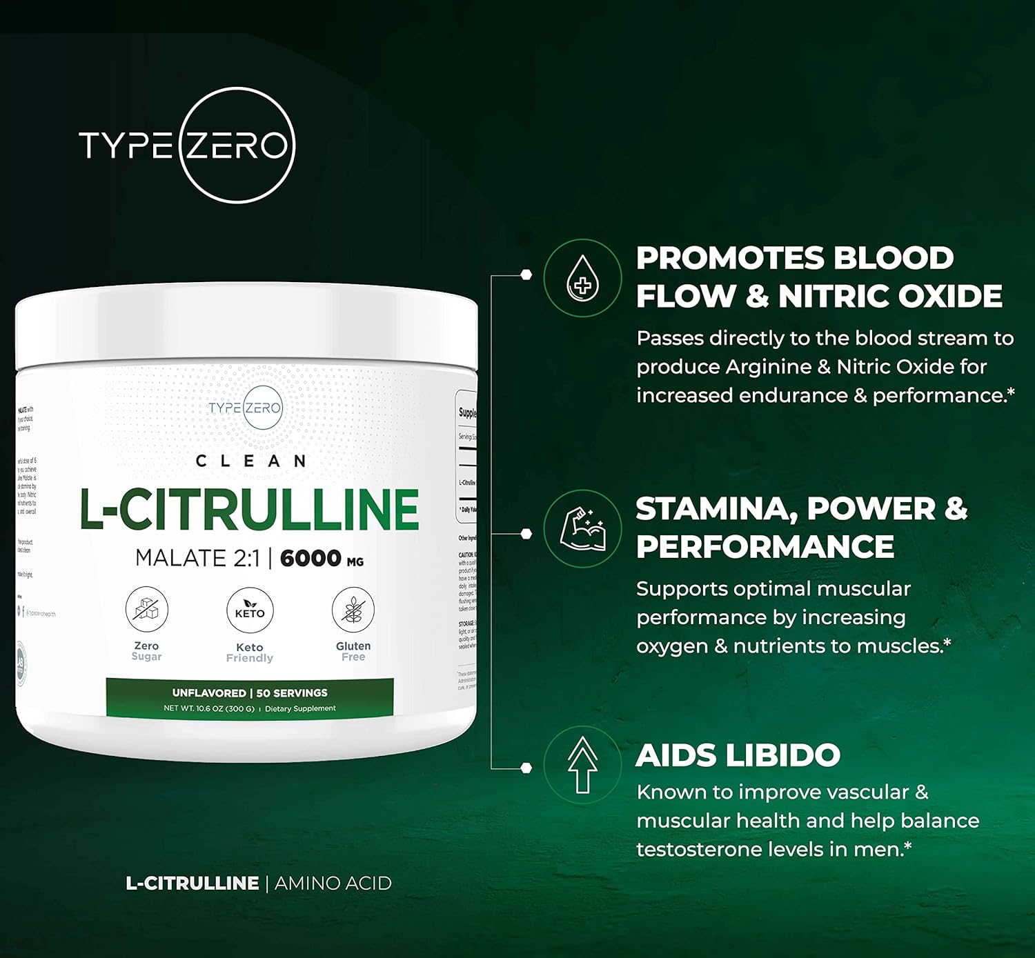 Type Zero L-Citrulline Malate Powder 2:1 6X (300g | 6000mg Per Serving | Unflavored) Ultra Clean L Citrulline, Nitric Oxide Booster, Pre Workout - Nitrous Oxide Vasodilator Supplement