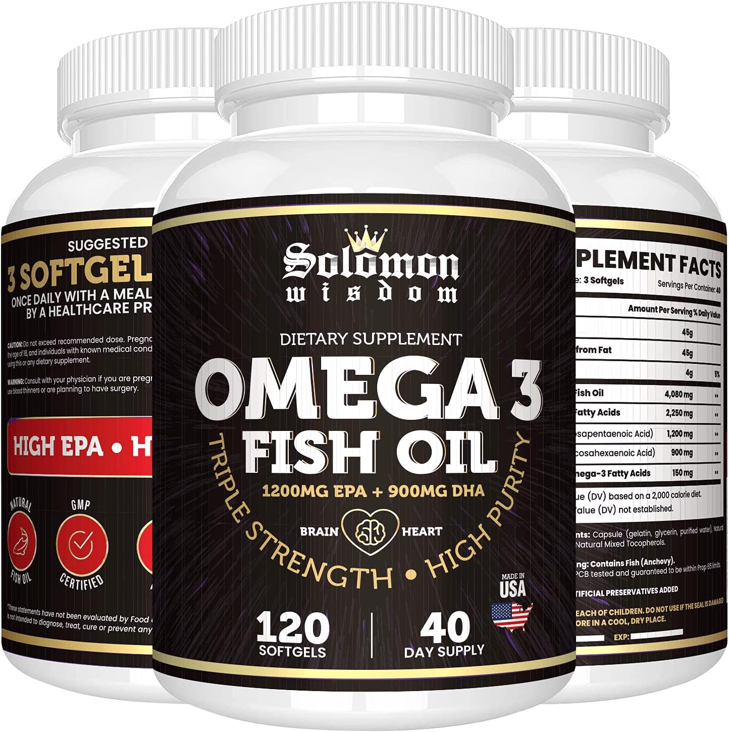 SOLOMON WISDOM Omega 3 Fish Oil - Dietary Supplement for Healthy Heart & Brain - 120 Soft Gel Capsules with High EPA 1200mg & DHA 900mg - Burpless, Odorless with Natural Lemon Flavor