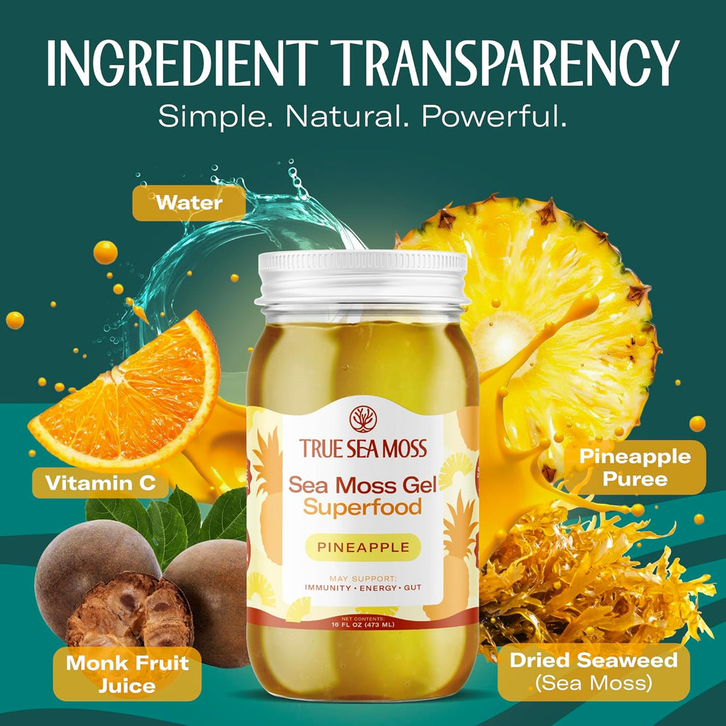 TrueSeaMoss Sea Moss Gel – Made in USA – Wildcrafted Seamoss, Fresh Fruits & Sea Vegetables – Pineapple, Pack of 2 (Labels May Vary)
