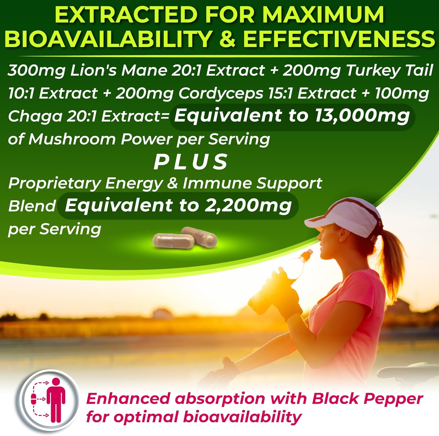 Organic Mushroom Complex: Lion's Mane, Turkey Tail, Cordyceps, Chaga, Contains Naturally Occurring Beta Glucans - Organic Energy & Immune Support Blend: Rhodiola Rosea, Ginseng & Acerola Cherry 120Ct