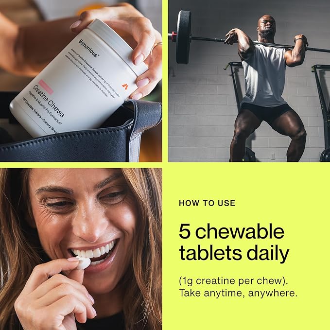 Momentous Creatine Chews - Creapure Creatine Monohydrate - Supports Strength, Lean Muscle, & Recovery for Men & Women - NSF Certified for Sport - 150 Chewable Tablets - Strawberry