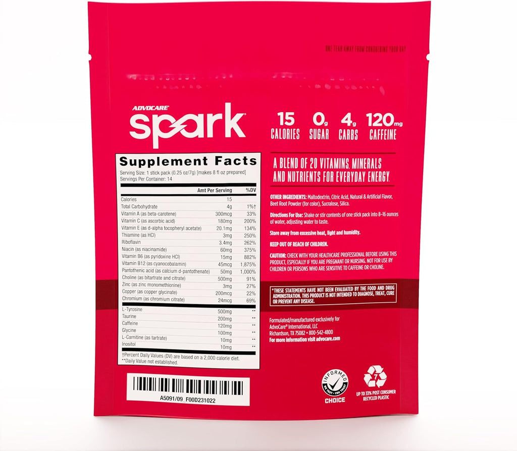 AdvoCare Spark Vitamin & Amino Acid Supplement - Focus & Energy Drink Powder Mix with Vitamin A, B-6, C & E - Also Includes L-Carnitine & L-Tyrosine - Cherry, 14 Stick Packs