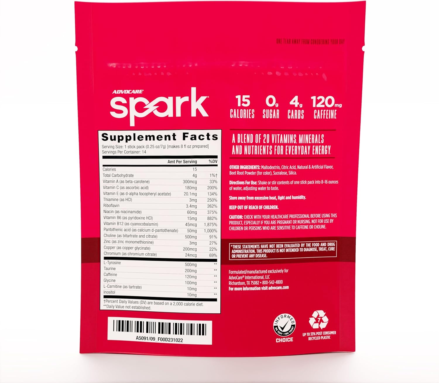 AdvoCare Spark Vitamin & Amino Acid Supplement - Focus & Energy Drink Powder Mix with Vitamin A, B-6, C & E - Also Includes L-Carnitine & L-Tyrosine - Cherry, 14 Stick Packs