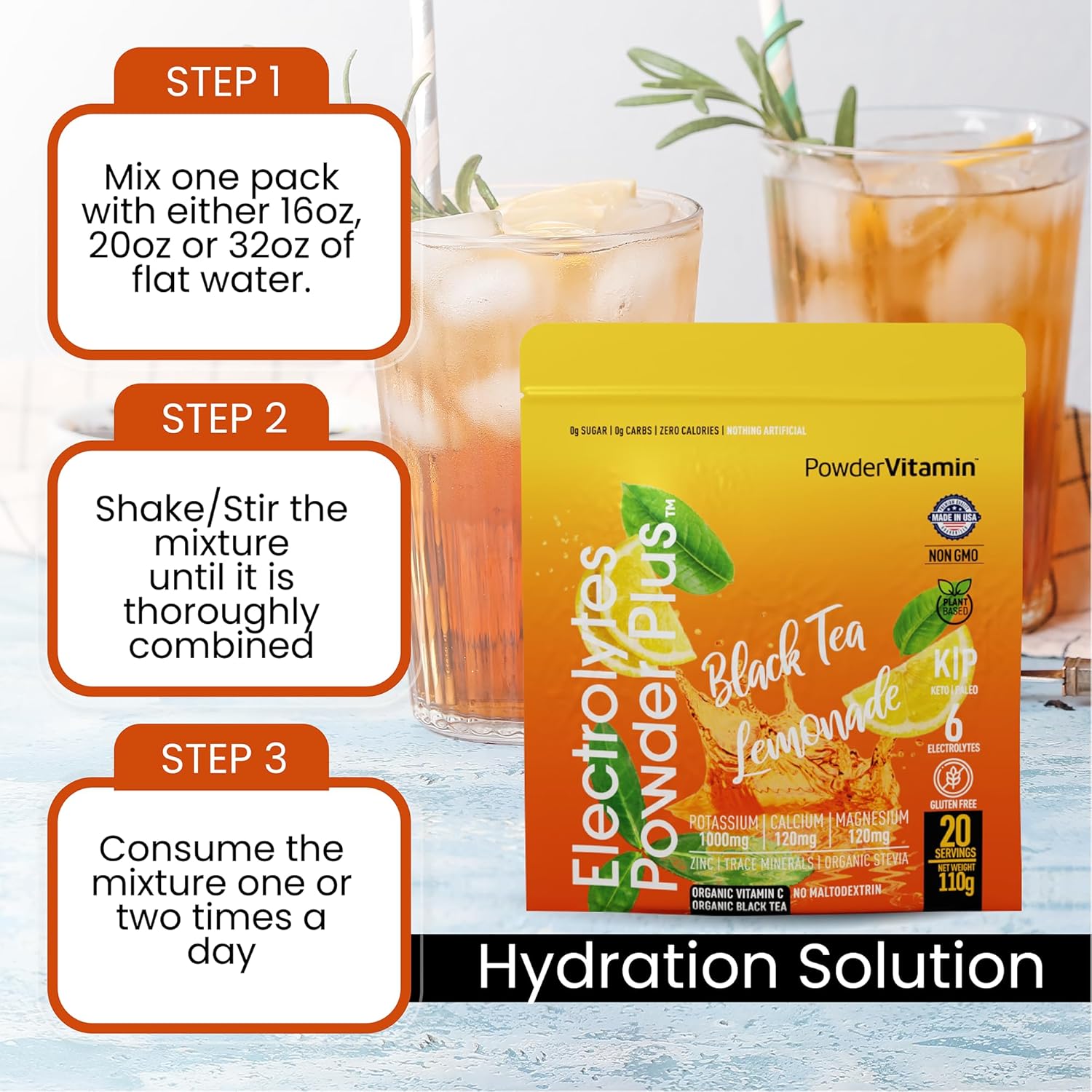 PowderVitamin Electrolytes Powder Plus (20 Servings) Black Tea Lemonade Electrolyte Powder Keto, Sugar Free, Pink Himalayan Salt,1000mg Potassium,120mg Calcium,120mg Magnesium, Hydration Powder