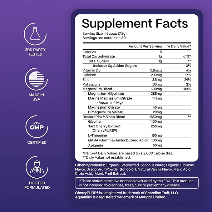 Slumber Night Lytes Magnesium Sleep Powder Drink Mix, Vanilla Hibiscus Flavor, Magnesium Glycinate, L-Theanine, Vitamin D3, Zinc, Sugar Free, Vegan, 30 Servings