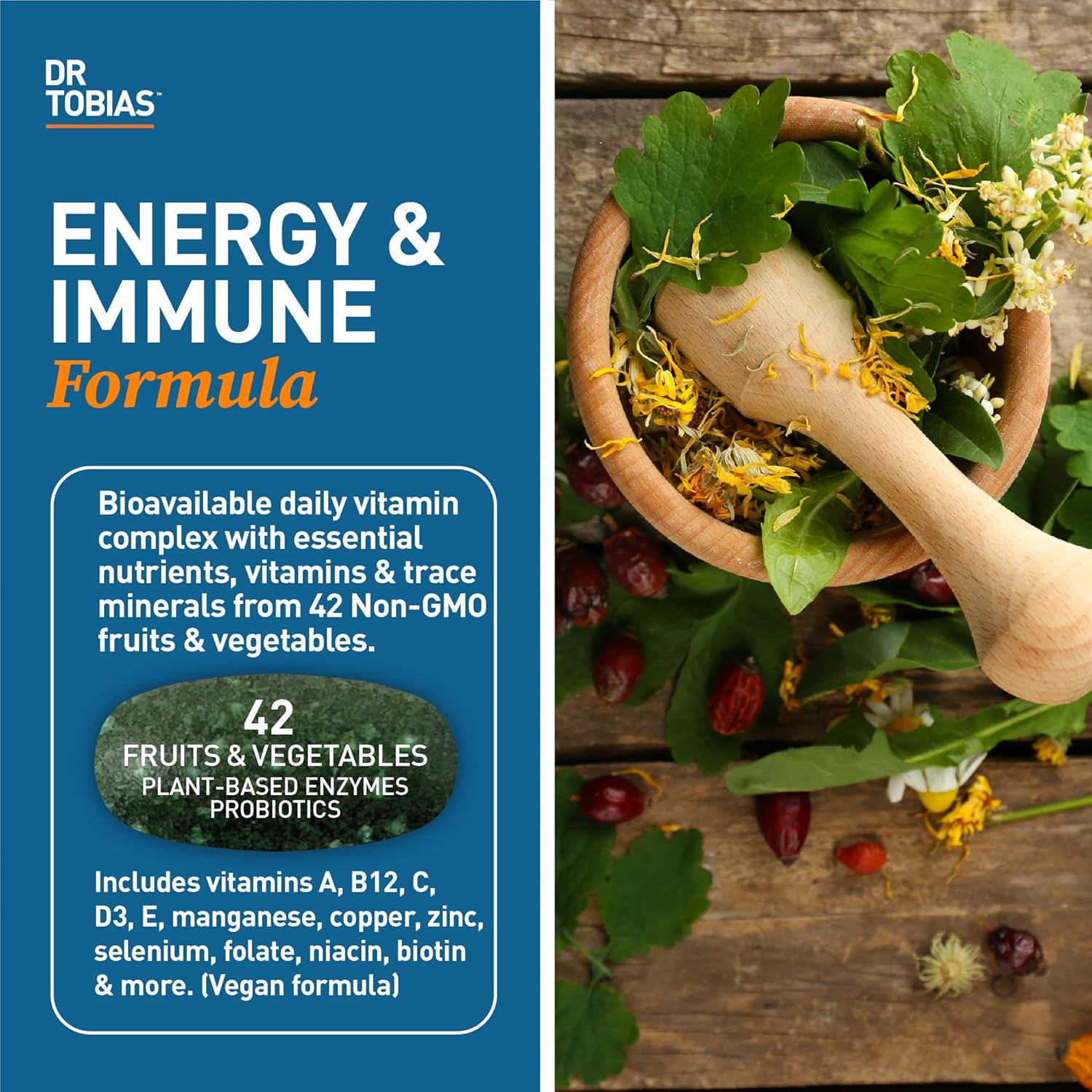 Dr. Tobias Adult Multivitamin for Women & Men, Immune Supporting Vitamins from 42 Fruits, Vegetables, Plus Probiotics, Vegan Multivitamins for Men & Women, Non-GMO, 180 Tablets, 60 Servings