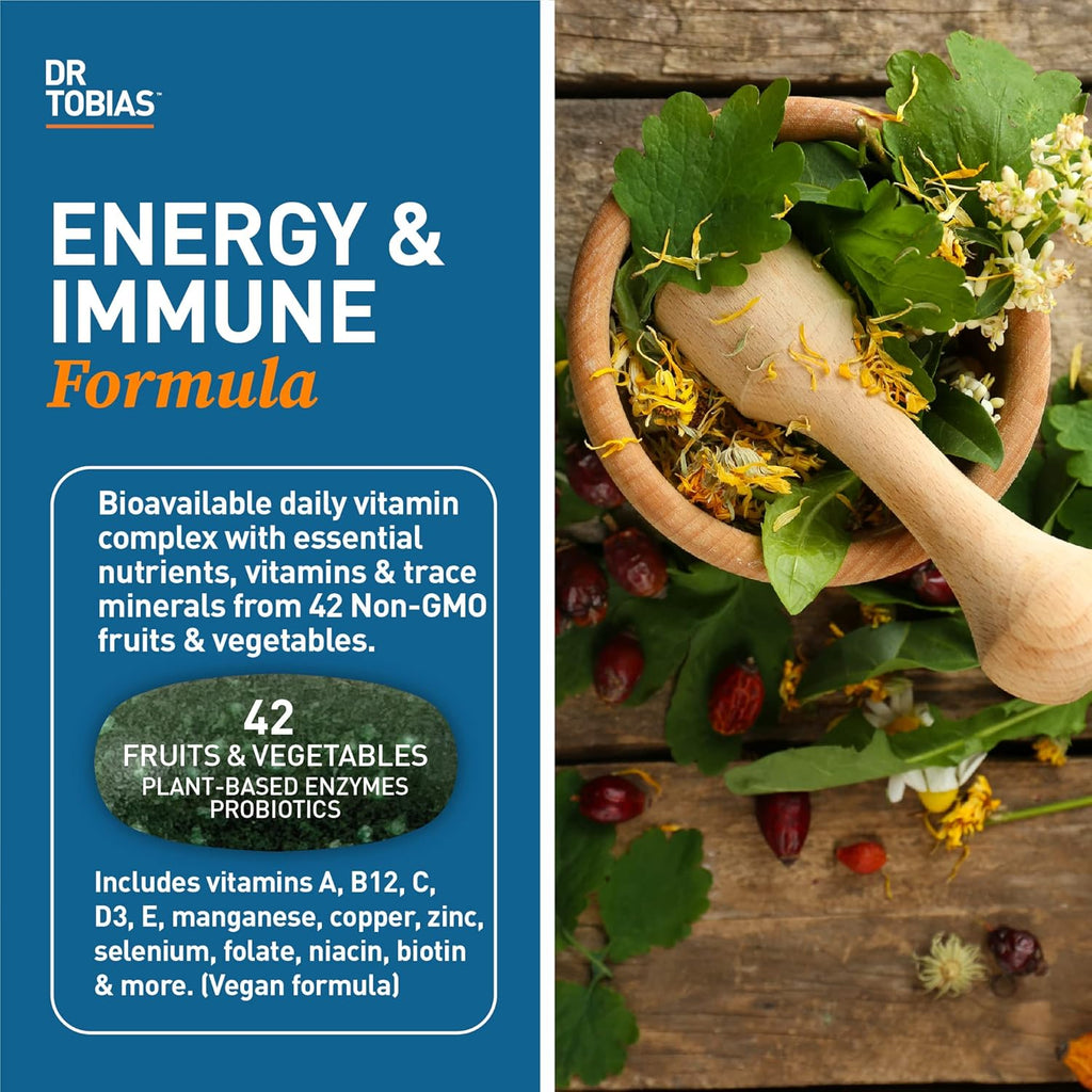 Dr. Tobias Adult Multivitamin for Women & Men, Immune Supporting Vitamins from 42 Fruits, Vegetables, Plus Probiotics, Vegan Multivitamins for Men & Women, Non-GMO, 90 Tablets, 30 Servings