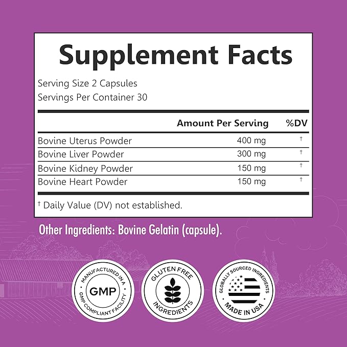 BioSchwartz Primal Beef Organ Supplement for Women - 60 Capsules - Grass-Fed & Pasture-Raised - Supports Healthy Hair Skin and Nails, Hormone Balance - with Bovine Liver, Kidney, Heart, Uterus Powder
