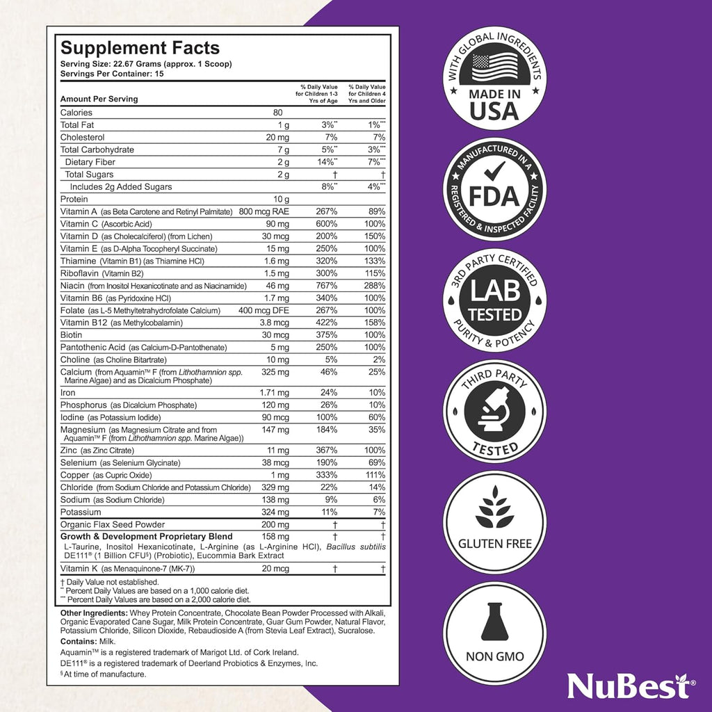 NuBest Tall Protein Powder for Kids & Teens - Whey Protein Powder - Chocolate Protein Powder Shake with Probiotics, Omega 3-6-9, Vitamin D3 + K2, Calcium, Vitamin - 15 Servings | 2 Week Supply
