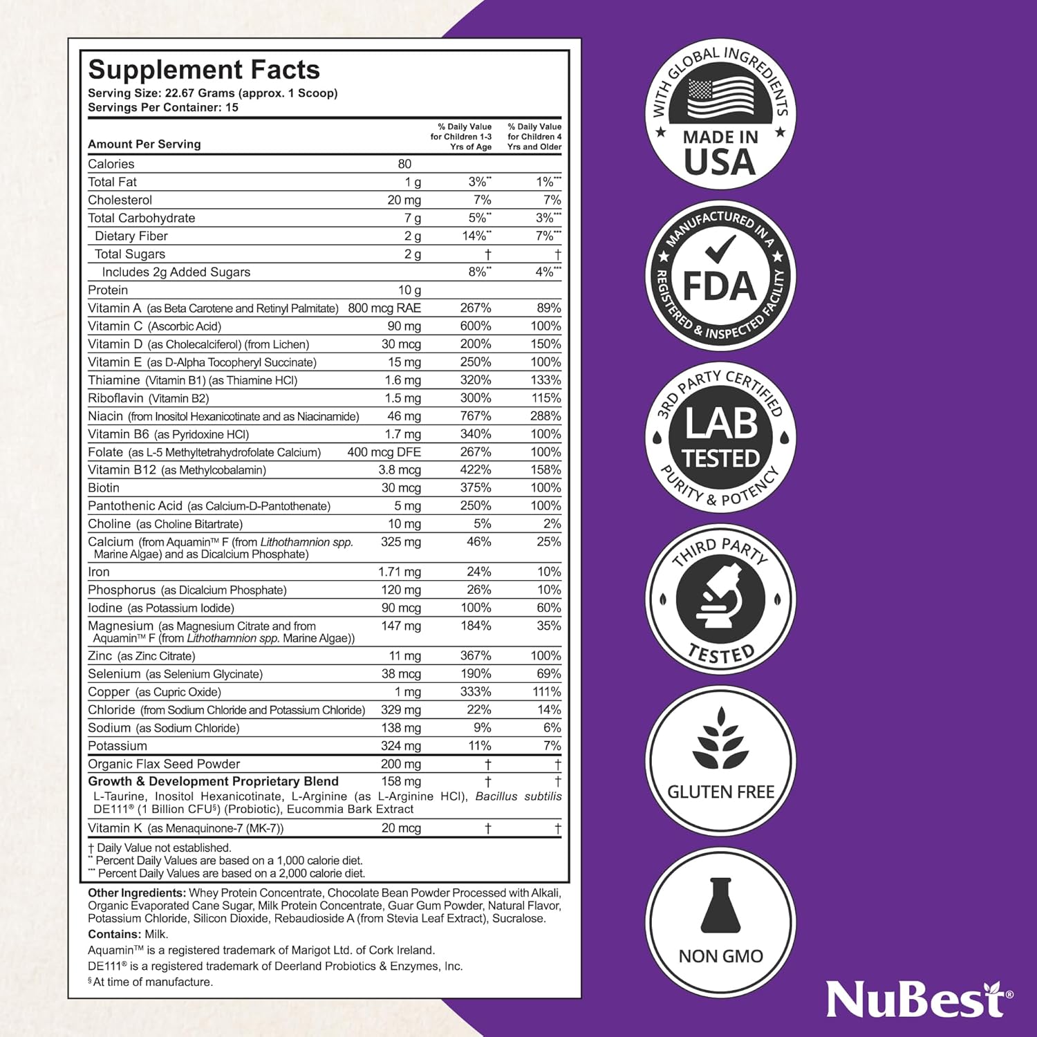 NuBest Tall Protein Powder for Kids & Teens - Whey Protein Powder - Chocolate Protein Powder Shake with Probiotics, Omega 3-6-9, Vitamin D3 + K2, Calcium, Vitamin - 15 Servings | 2 Week Supply