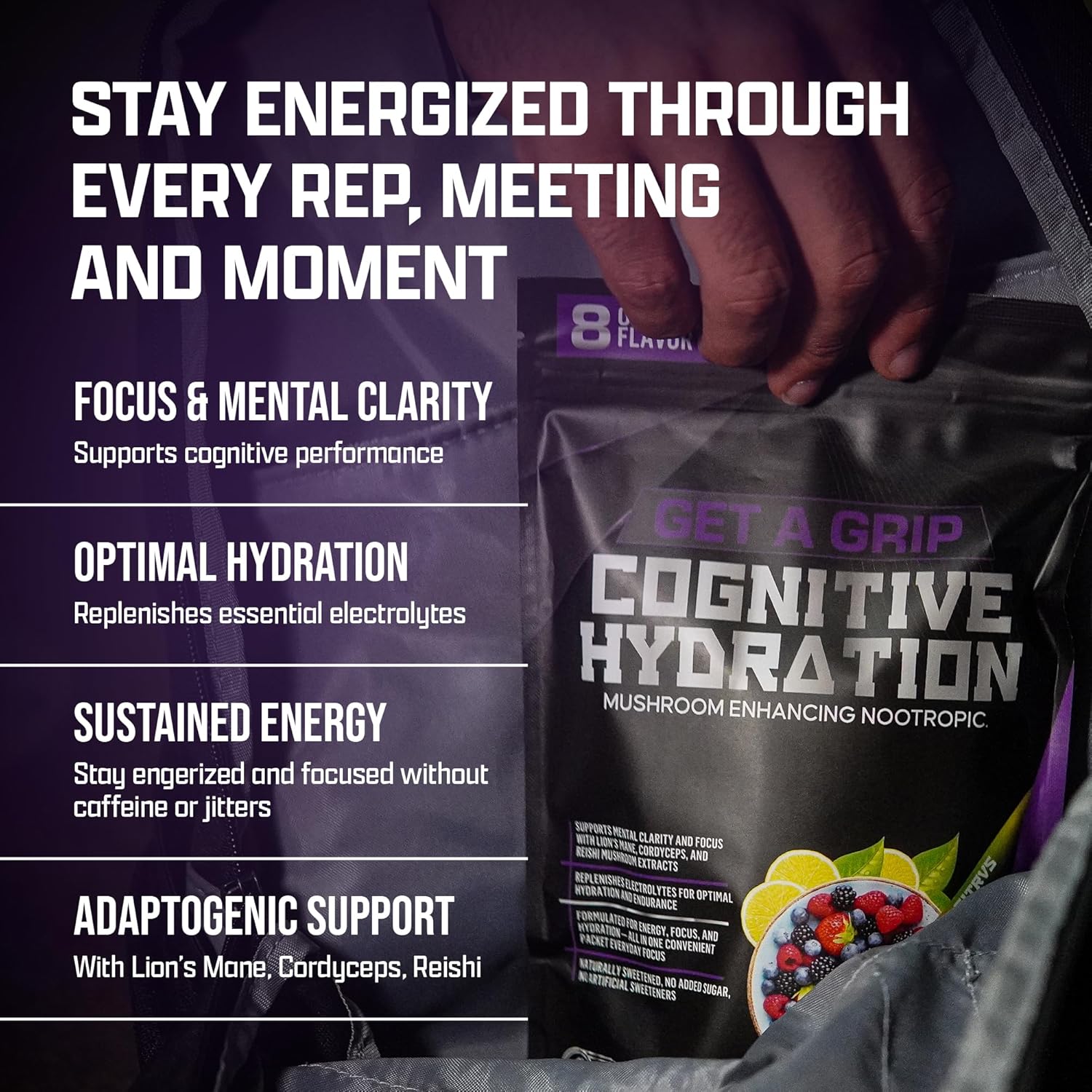 Get A Grip Electrolyte Powder Packets – Hydration & Mental Focus Support with Lion’s Mane & Cordyceps – Sugar-Free, Keto Electrolyte Drink Mix – 16 Count