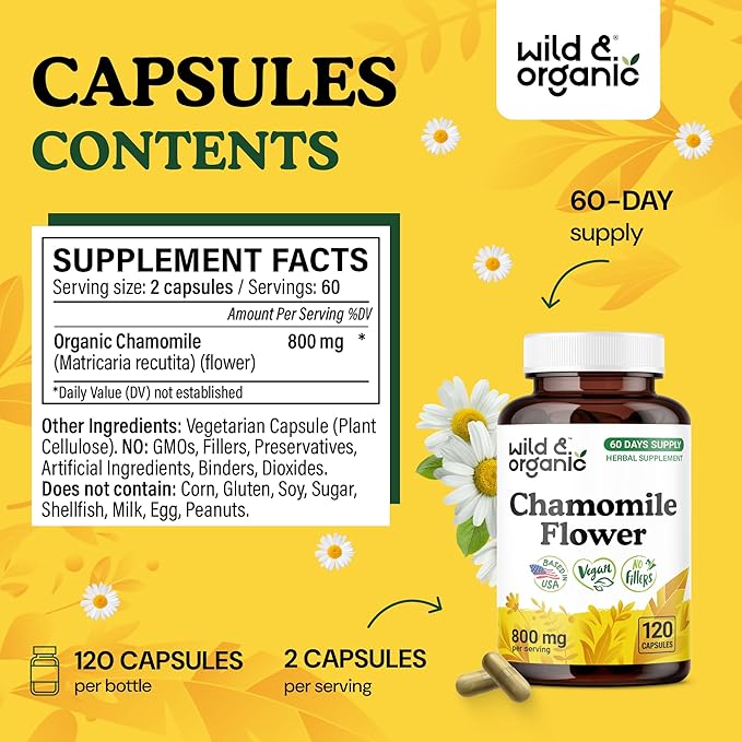Wild & Organic Chamomile Extract Capsules 800 mg - Relaxation & Digestive Support - Chamomile Flower Extract Supplement - Matricaria Recutita Herb - Vegan, No Fillers, Non-GMO - 120 Count