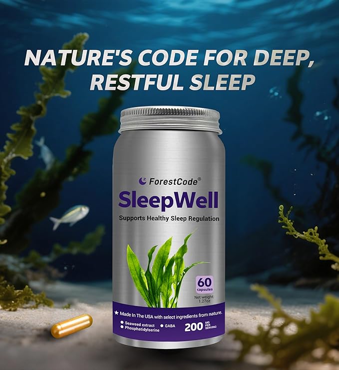 Melatonin-Free Sleep Aid for Adults with GABA & Seaweed Extract - Natural Supplement for Deep Sleep & Waking Up Refreshed, Stress Relief & Cognitive Support - Non-Habit Forming, 60 Capsules