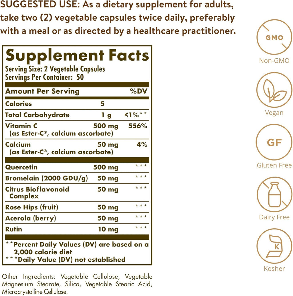 Solgar Quercetin Complex with EsterC Plus Vegetable Capsules Supports Immune Health Antioxidant Gentle on the Stomach Vitamin C NonGMO Vegan Gluten Free Dairy Free 50 Servings, Standard Packaging, 100 Count