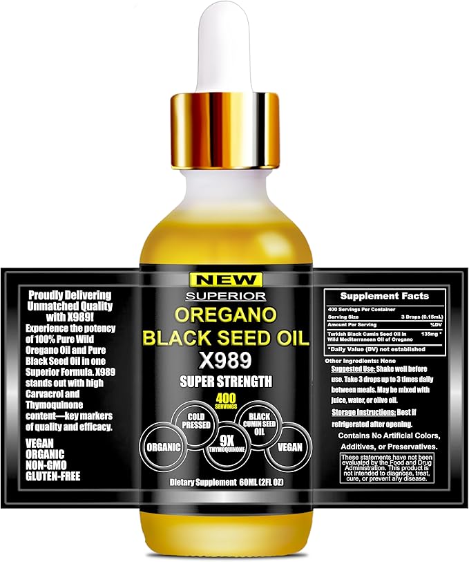 Oil Of Oregano With Black Seed Oil - 400 Servings, 2 in 1 Wild Oregano Oil with Black Seed Oil Drops, Organic Supplement, Alternative to Oregano and Black Seed oil Gel Capsules, Non-GMO, Vegan