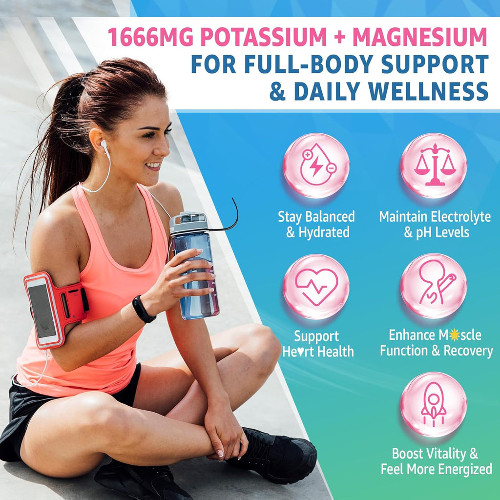 Potassium Citrate Gummies 1666mg for Adults - Potassium Supplement, Magnesium Glycinate, Zinc, B6, B12 & C – Electrolyte Gummies for Energy, Recovery & Leg Cramps, Vegan 60 Cts