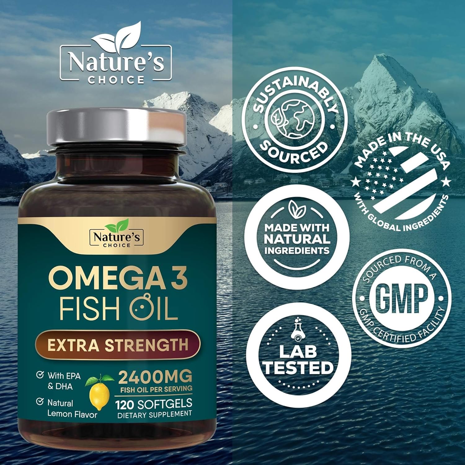 Omega 3 Fish Oil Supplement 2400 mg - Triple Strength EPA & DHA Fish Oil Omega 3, Essential Fatty Acids Supplement Softgels, Brain & Heart Health Support Supplements, Gluten Free Non-GMO, 120 Softgels