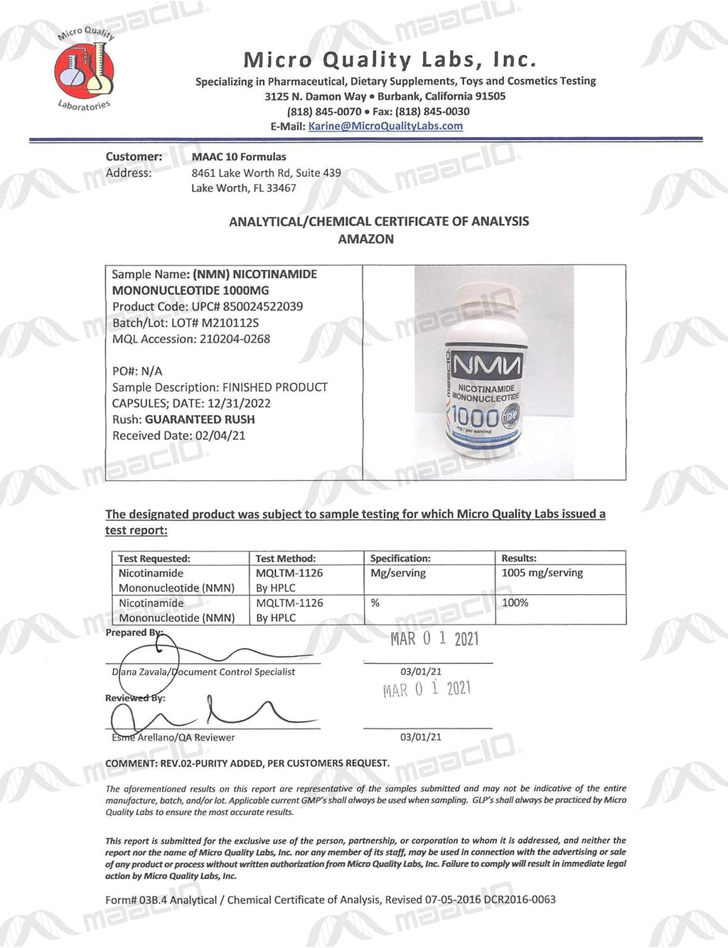 MAAC10 NMN Supplement 1000mg Serving - 99% Pure NMN Nicotinamide Mononucleotide. The Most Powerful NAD Supplement for Optimal Performance (120 Capsules 4 Per Serving).