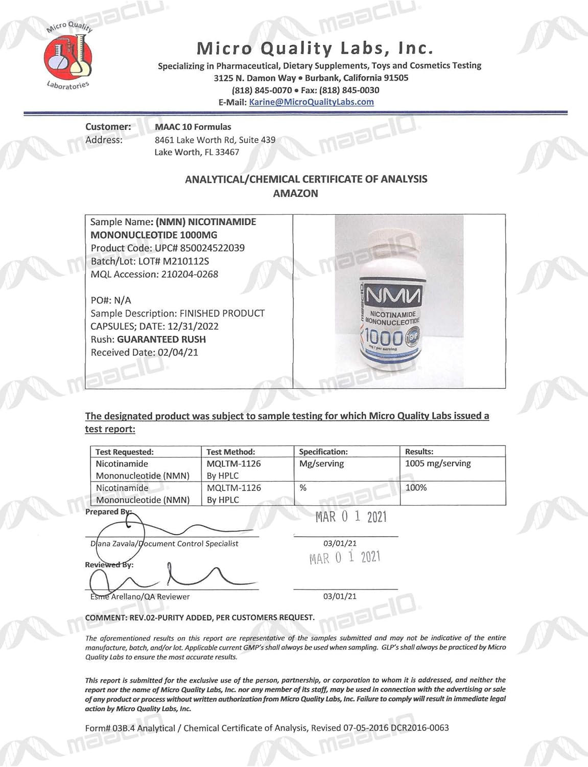 MAAC10 NMN Supplement 1000mg Serving - 99% Pure NMN Nicotinamide Mononucleotide. The Most Powerful NAD Supplement for Optimal Performance (120 Capsules 4 Per Serving).