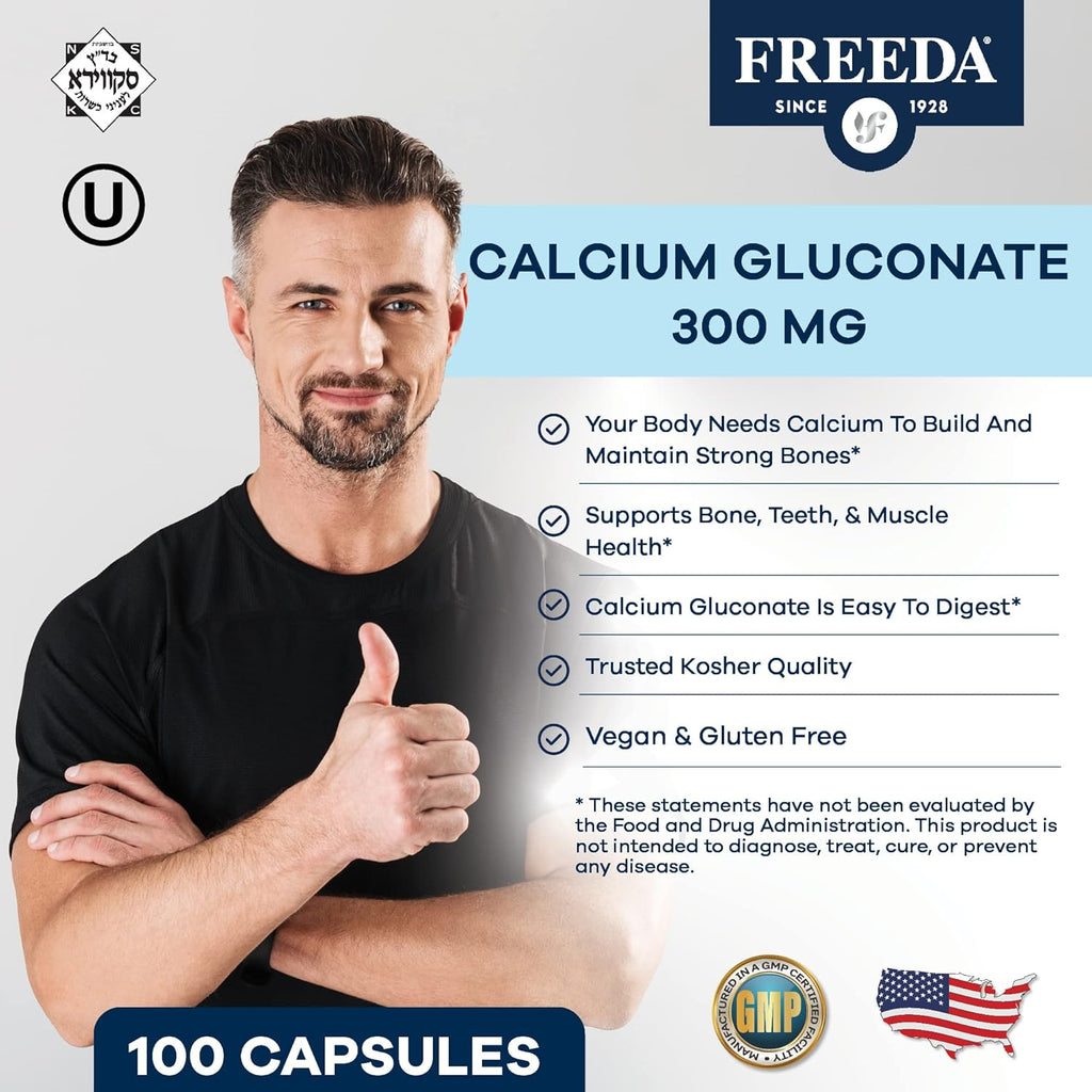 Freeda Calcium Gluconate – Kosher Vegan Calcium Supplement – Easy to Digest & Absorb – Supports Bone Strength – Pure Calcium Without Vitamin D – (500 Capsules)
