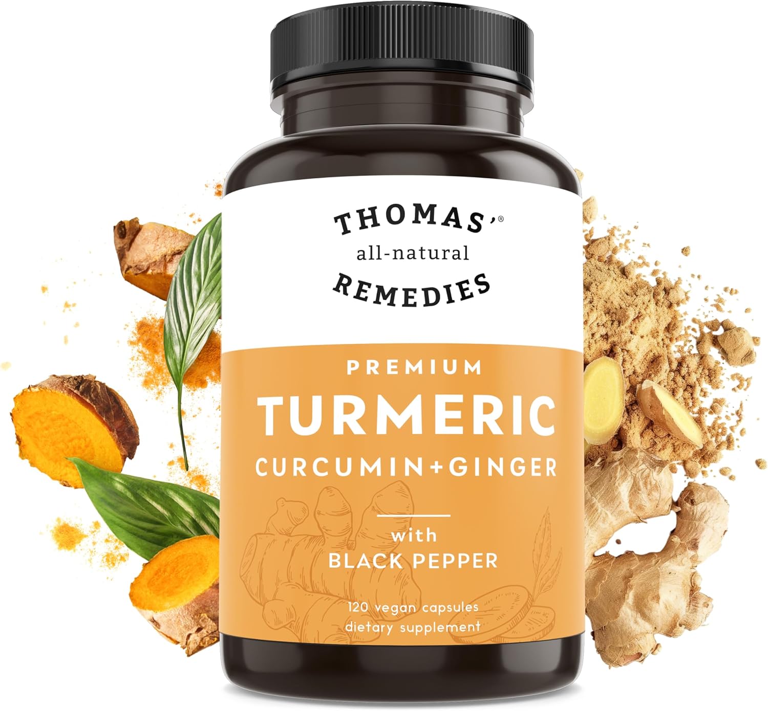 Thomas' all-natural Remedies Turmeric Curcumin and Ginger with Black Pepper, Organic Turmeric Joint Support Supplement- 95% Curcumin - NO fillers, Vegan - 120ct