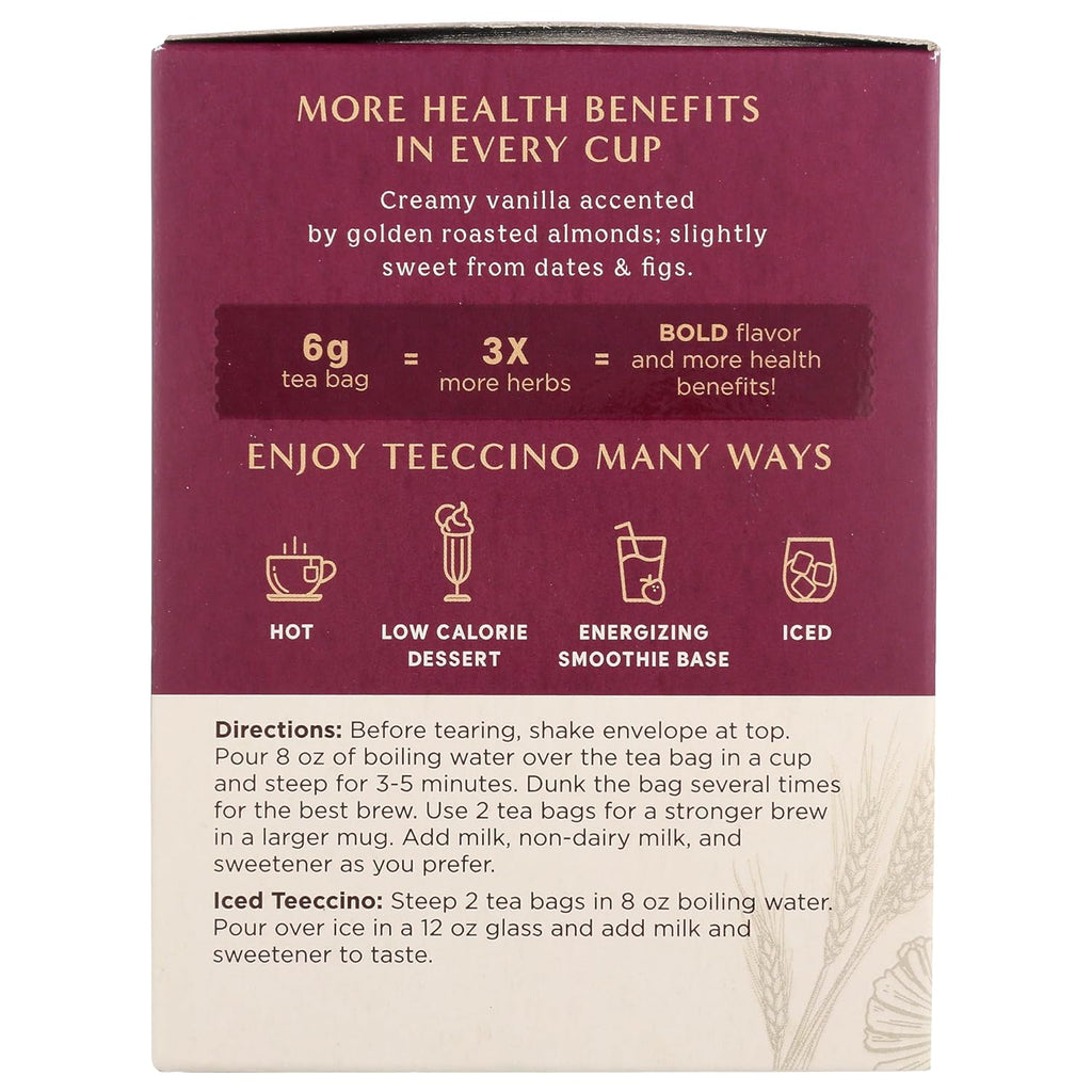 Teeccino Vanilla Nut Herbal Tea - Rich & Roasted Herbal Tea That’s Caffeine Free & Prebiotic for Natural Energy, 10 Tea Bags (Pack of 4)