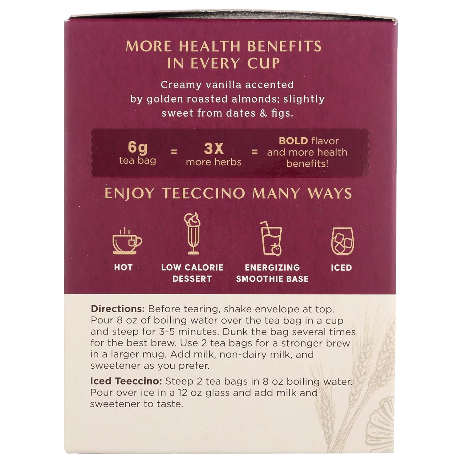 Teeccino Vanilla Nut Herbal Tea - Rich & Roasted Herbal Tea That’s Caffeine Free & Prebiotic for Natural Energy, 10 Tea Bags (Pack of 4)