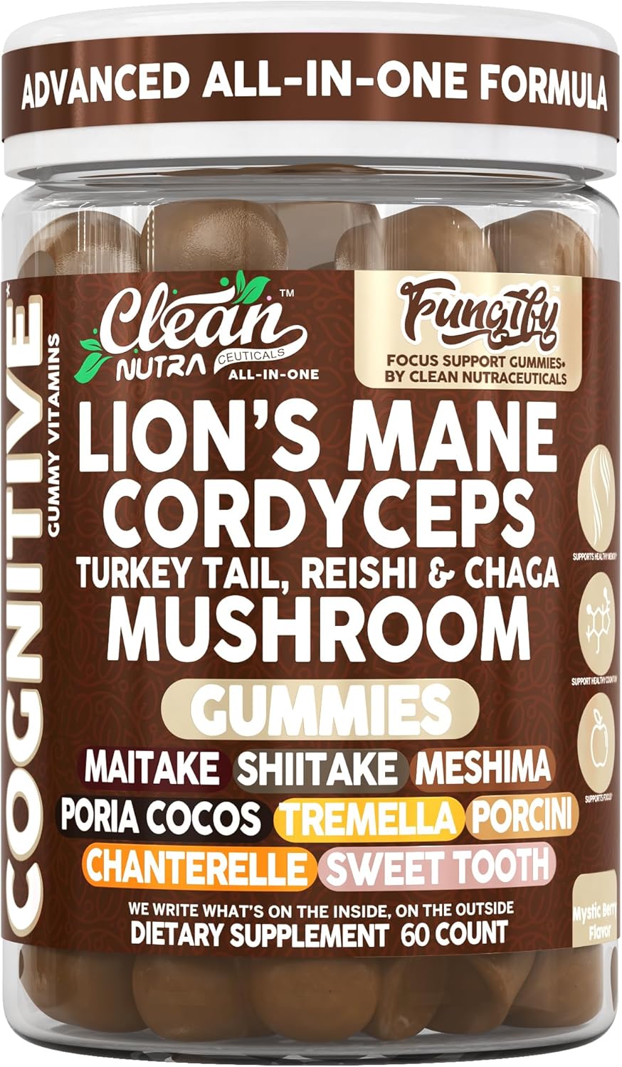 Clean Nutra Lions Mane Lion's Mane Mushroom Gummies Cordyceps Supplement for Memory and Focus Immune Support Vitamins Reishi Chaga Turkey Tail Mushrooms Gummy Shiitake Maitake Meshima Supplements