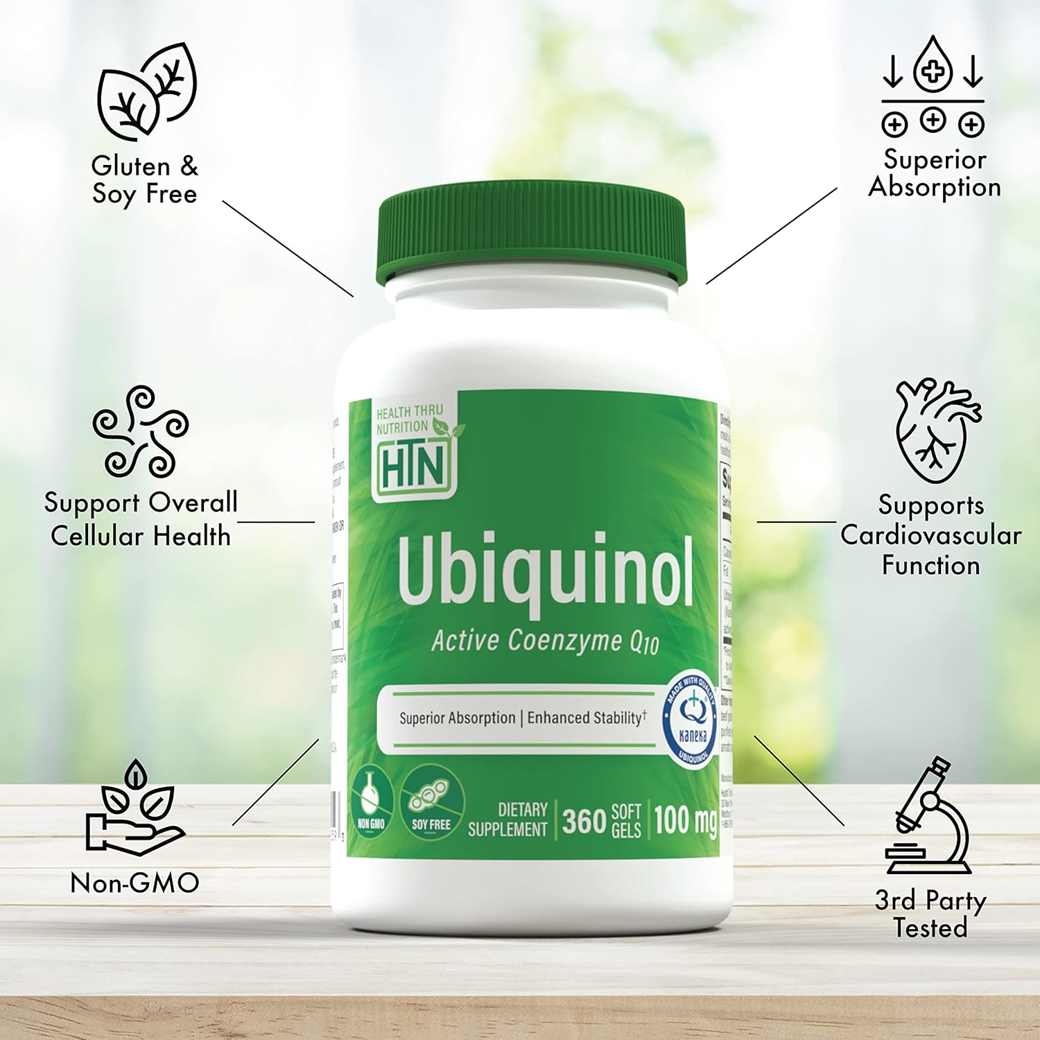 Health Thru Nutrition Ubiquinol 100mg 360 Softgels as Kaneka QH Reduced CoQ-10 | Stabilized - 3rd Party Tested | Enhanced Bioavailability | Cardiovascular & Mitochondria Function Support | Non-GMO