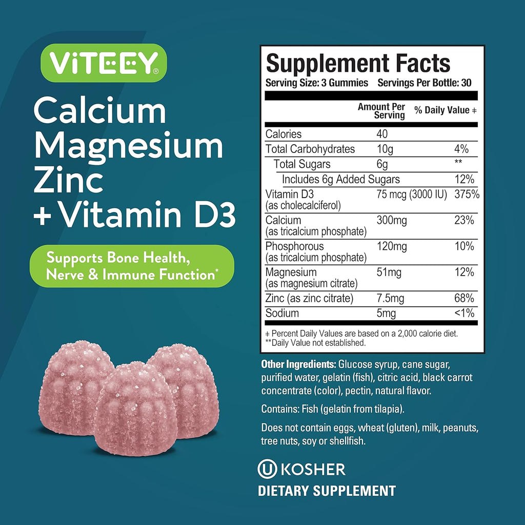 Viteey Calcium Magnesium Zinc Gummies with Vitamin D3 - Supports Bone Health, Nerve & Immune Function - Calcium Magnesium Zinc D3 for Adults & Teens - GMO Free - Chewable Raspberry Flavored Gummy