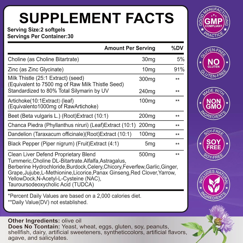 Liver Cleanse Detox & Repair - Herbal Liver Support Milk Thistle Supplement, 7500mg Strength Liver Health Support with Silymarin Artichoke Extract Dandelion Beet TUDCA Choline NAC, 60 Vegan Softgels