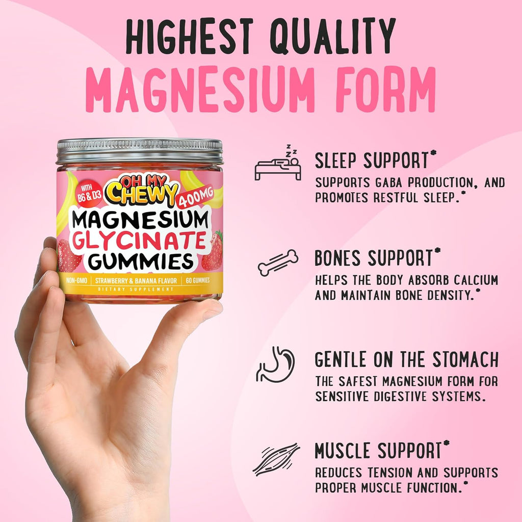 Center-Filled Magnesium Glycinate Gummies 400MG - High Absorption for Kids, Teens & Adults - Supplement for Sleep, Calm & Muscle Relaxation with B6 & D3 - Gluten Free & Vegan Friendly - 120 Count