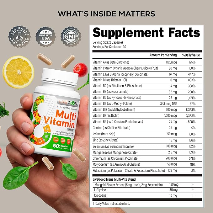 LiveGood Bio-Active Complete Multivitamin for Men, Daily Men’s Multi with 24 Essential Vitamins and Minerals for Energy, Immunity, Heart and Bone Support, Complete Men’s Formula (60 Capsules)