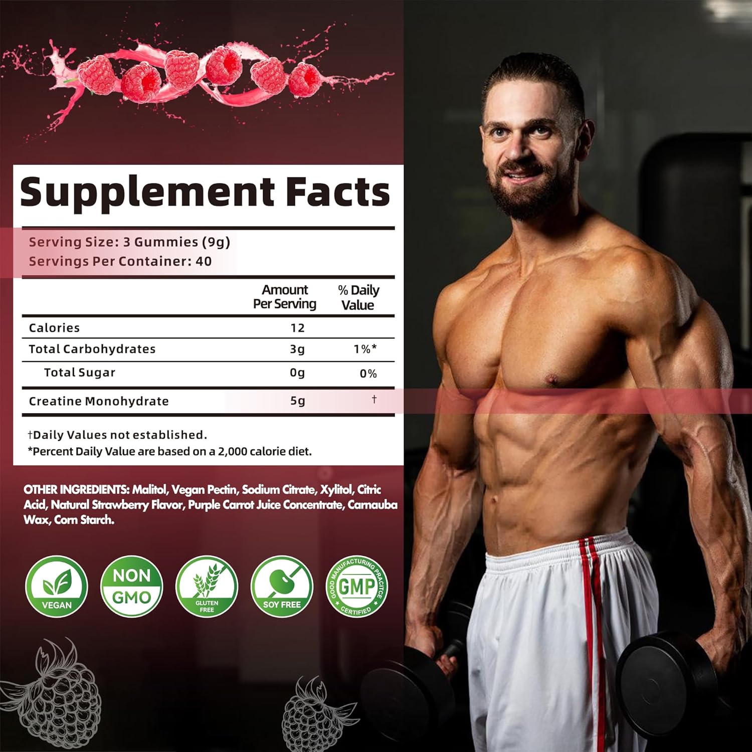 Creatine Monohydrate Gummies for Men & Women-5g of Creatine Monohydrate per Serving - Sugar Free,Vegan, Raspberry Flavor, 120 Count