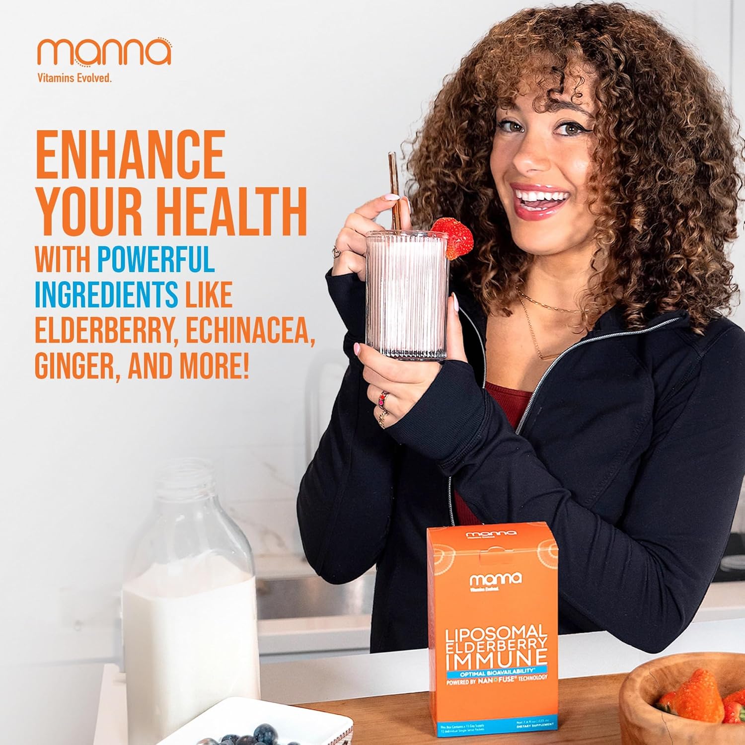 Manna Vitamins Evolved Liposomal Elderberry Immune Packets, Vitamins C, D etc. - Daily Immune Support for Adults, Kids - Sugar Free, Real Elderberry Extract, Syrup, Travel-Friendly, 15 Pack