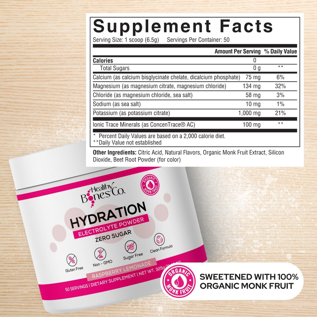 Sugar-Free Electrolyte Powder Drink Mix Fast Hydration Naturally Sweetened with Organic Monk Fruit, Raspberry Lemonade Flavor (325g) with Key Electrolytes and Trace Minerals –Keto Friendly, Vegan
