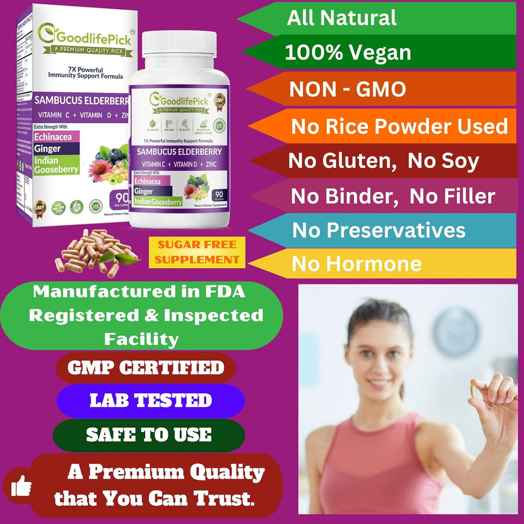 7 in 1 Elderberry with ZINC, Vitamin C, Vitamin D, Echinacea, Ginger & Indian Gooseberry (Amla).Premium Elderberry Capsules 90 ct, All Natural,Non-GMO,Vegan,No Rice Powder, No-Gluten