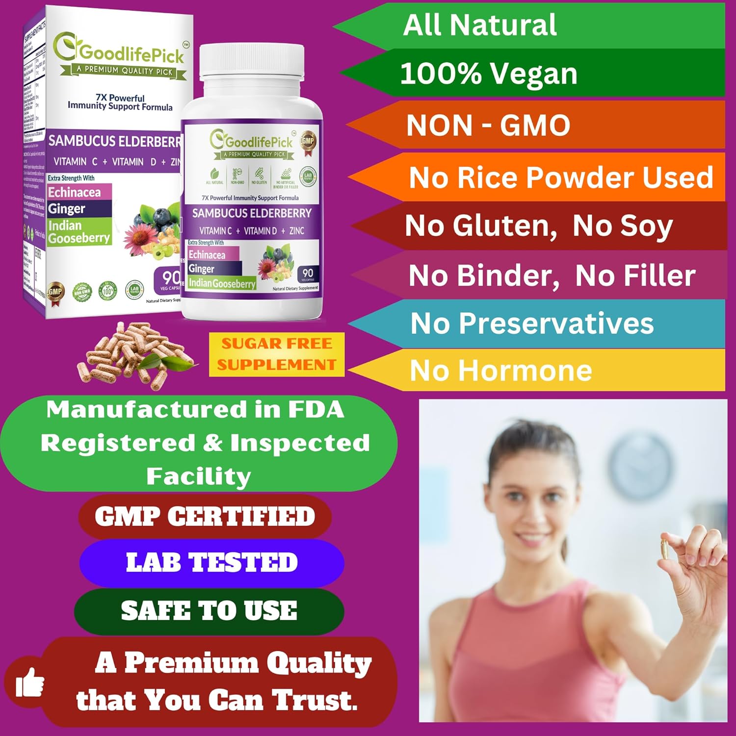 7 in 1 Elderberry with ZINC, Vitamin C, Vitamin D, Echinacea, Ginger & Indian Gooseberry (Amla).Premium Elderberry Capsules 90 ct, All Natural,Non-GMO,Vegan,No Rice Powder, No-Gluten