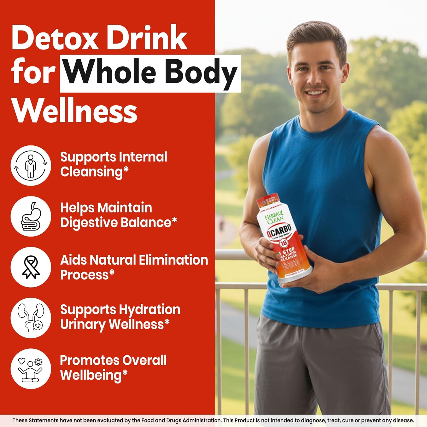 Herbal Clean Qcarbo16 Same-Day Detox Cleanse Drink (16 fl oz) - Strawberry Mango Flavor Full Body Cleanse* Detox Drink for Moderate Toxin Level*, Vitamin B2 and Vitamin B12 for Men & Women